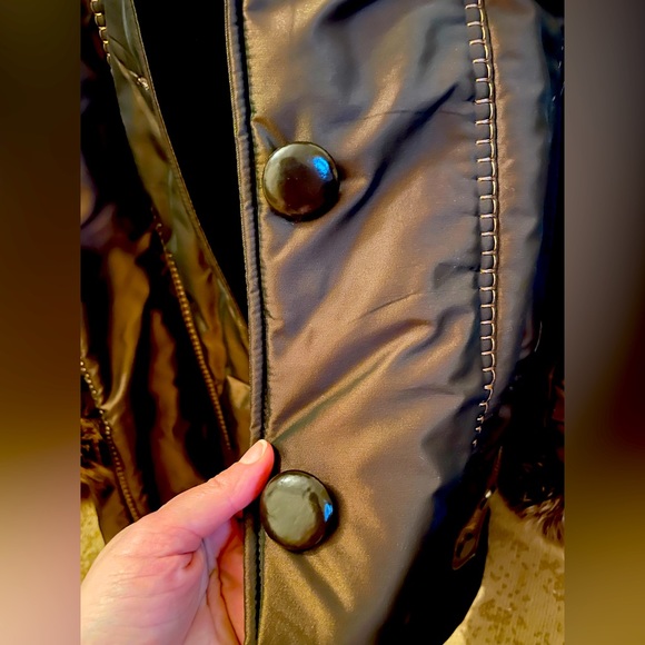 100% REAL Fur trim down belted coat leather buttons made in Italy size Small - Picture 10 of 12